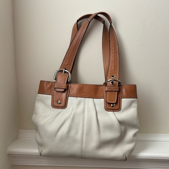 Coach Off-White and Tan Leather Double Strap Satchel Bag - Picture 5 of 11